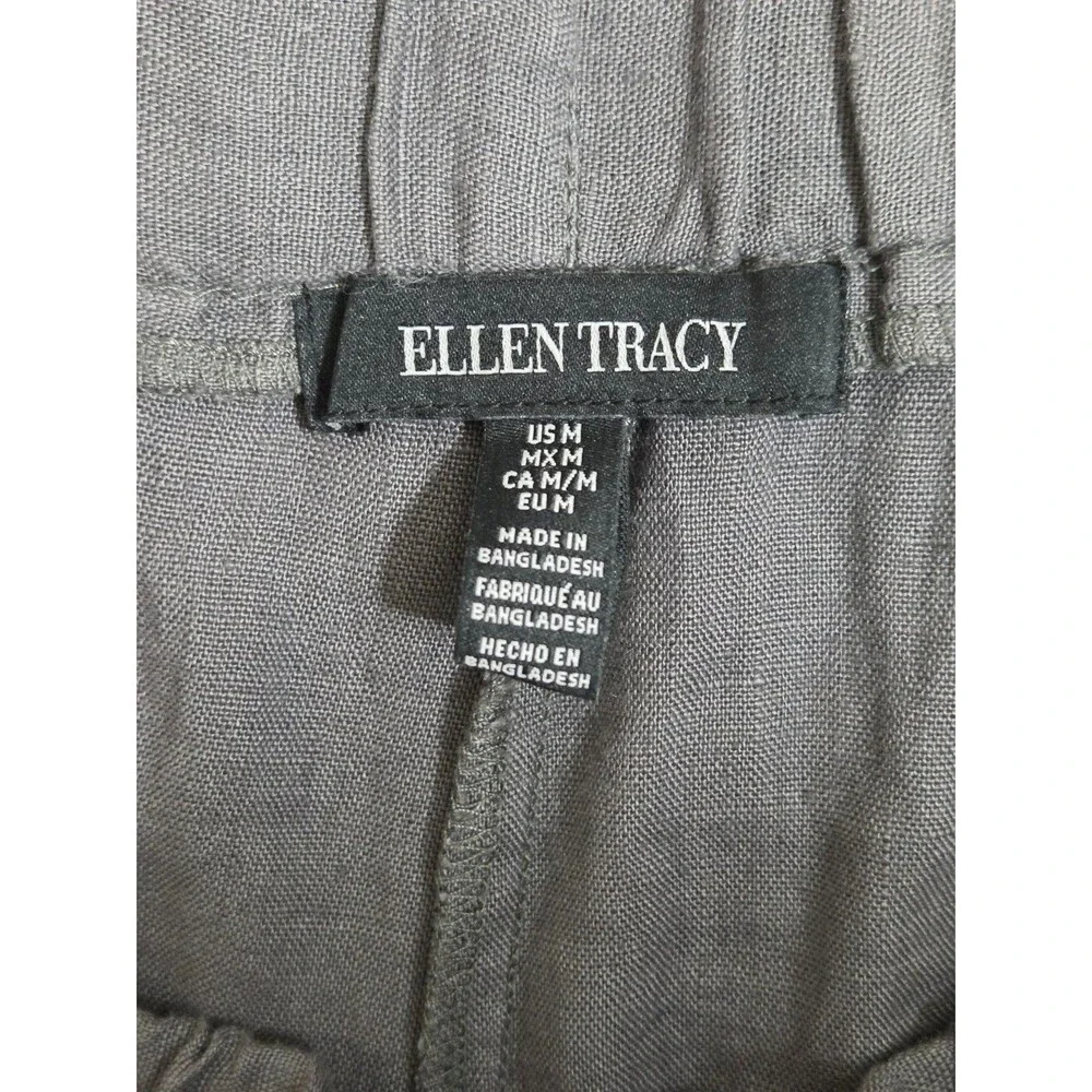 Ellen Tracy Linen Convertible Pants Womens Cropped Straight M Gray Elastic Waist